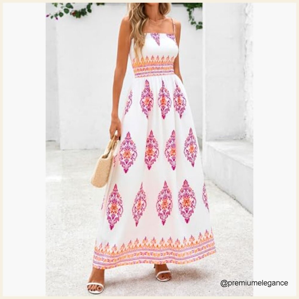 Floral Maxi Sundress with Spaghetti Straps, Pockets, Boho Beach Dress - Picture 3 of 7